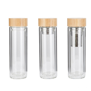 Frasco de vidro com tampa de bambu personalizado LOGO com infusor de chá garrafa de água de vidro de parede dupla